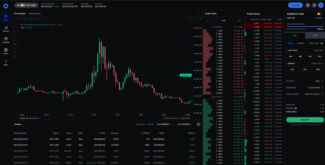 Screenshot of the Coinbase Advanced low-fee trading interface, contrasting it with the simple purchase screen