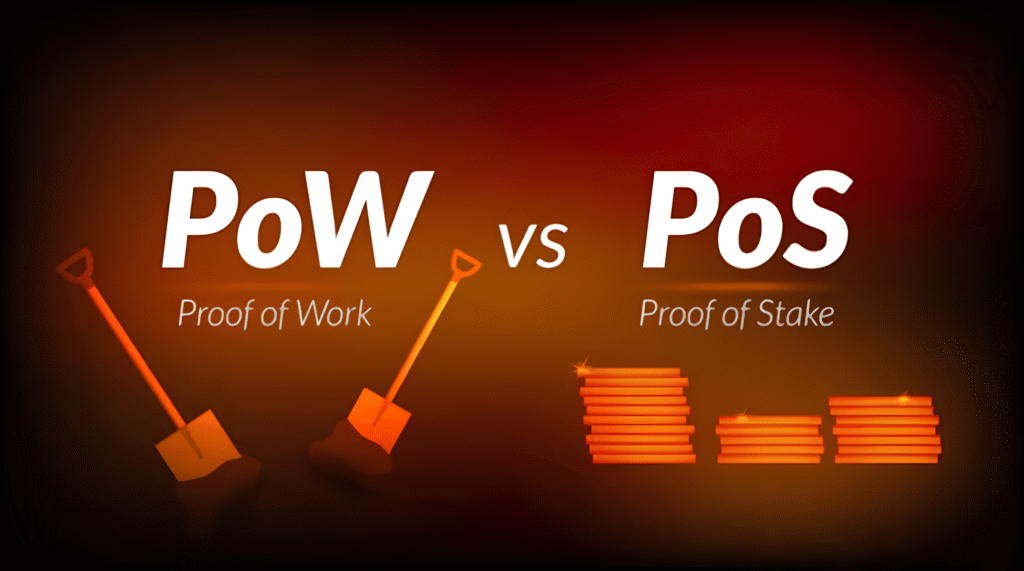Conceptual split image comparing Proof of Work (PoW) represented by Bitcoin logo and energy symbol, versus Proof of Stake (PoS) represented by Ethereum logo and digital security stack. Focus on neutral, professional tones for investor analysis